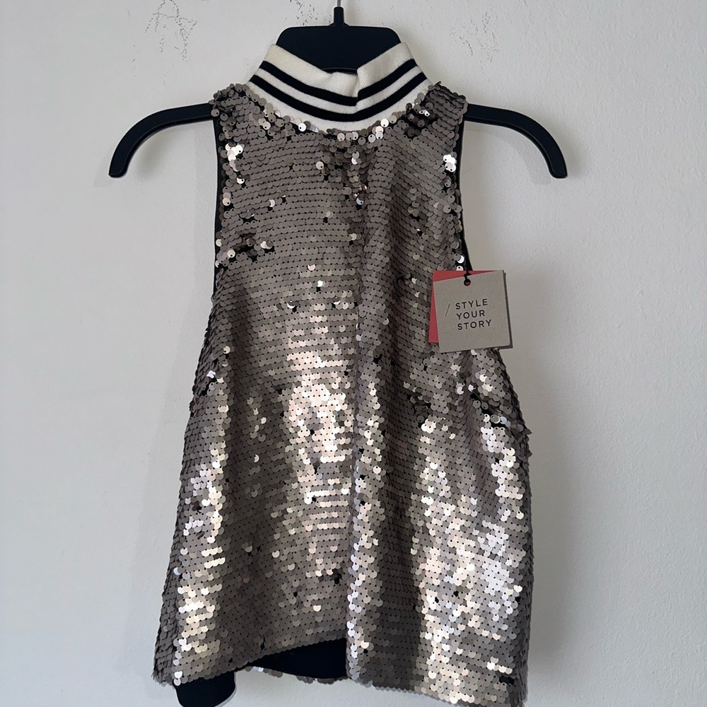 Sequin Sleeveless Top with Sporty Striped Collar